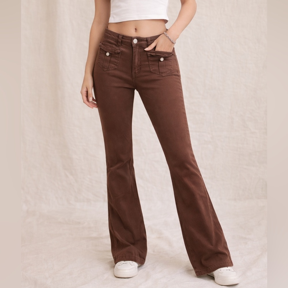 Hot Kiss‎ Low Rise Brown Flare Pants Size 7 Y2K Flap Pocket Stretch Retro 2000s